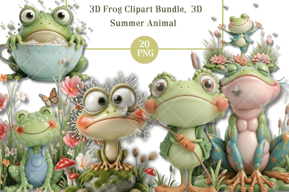 3D Cute Frog Clipart Summer Animal