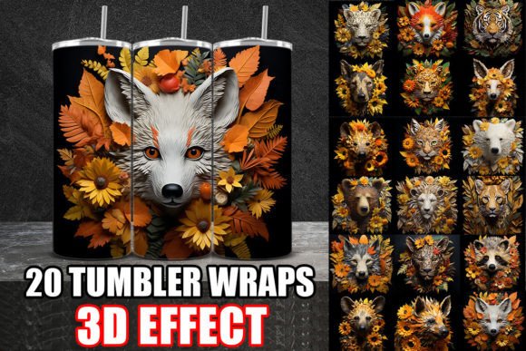 3D Fall Flower Wild Animals Tumbler Wrap