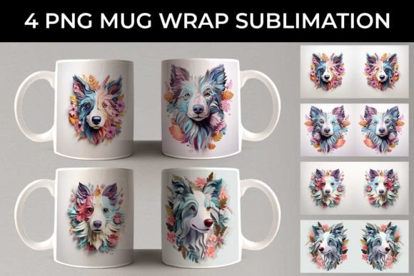3D Floral Fantasy Border Collie Mug PNG