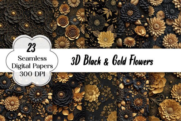 Elevate Your Creative Projects with 3D Black Gold Flowers Seamless Digital Papers